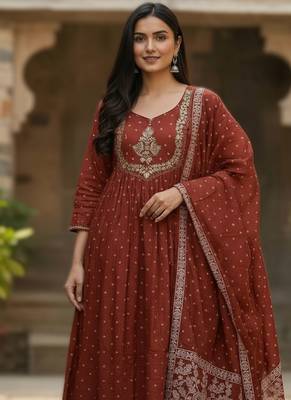 maroon elegant embroidered cotton suit with printed dupatta  4