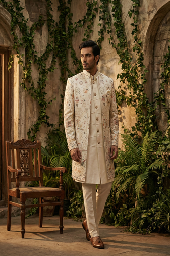 Ivory thread and sequins embroidered indowestern