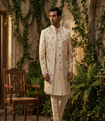 Ivory thread and sequins embroidered indowestern