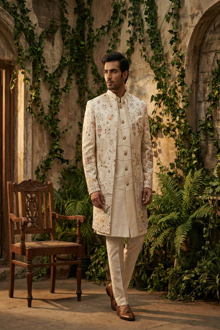 Ivory thread and sequins embroidered indowestern