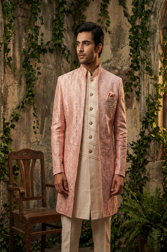 Peach thread and cutdana embroidered indowestern