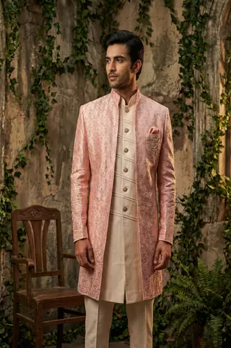 Peach thread and cutdana embroidered indowestern