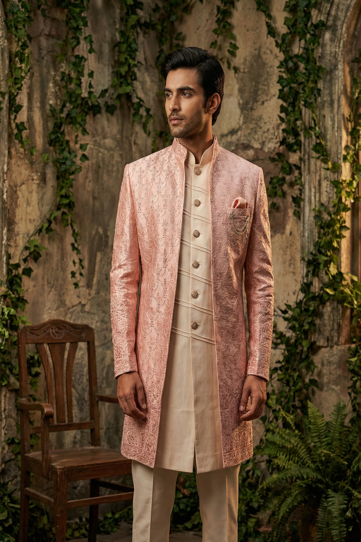 Peach thread and cutdana embroidered indowestern