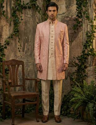 Peach thread and cutdana embroidered indowestern 2