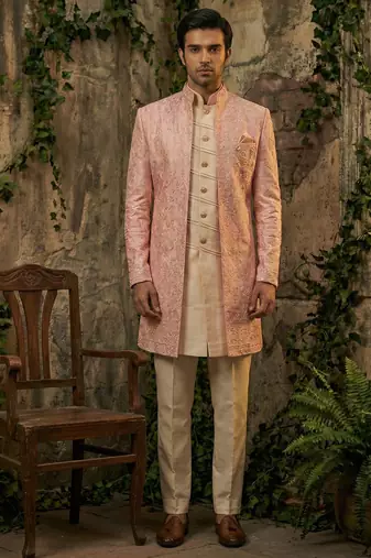 Peach thread and cutdana embroidered indowestern