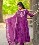 magenta elegant embroidered cotton suit with printed dupatta 