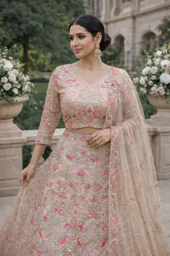 Light Pink Color Embroidery Sequins Work Butterfly Net Lehenga Choli Dupatta Set