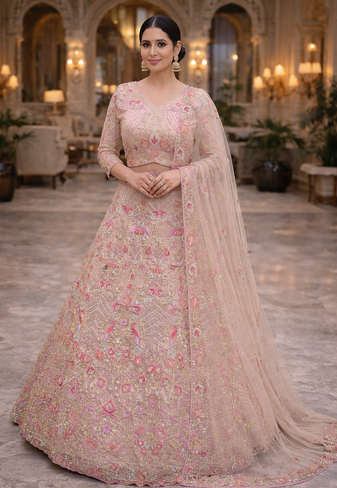 Light Pink Color Embroidery Sequins Work Butterfly Net Lehenga Choli Dupatta Set