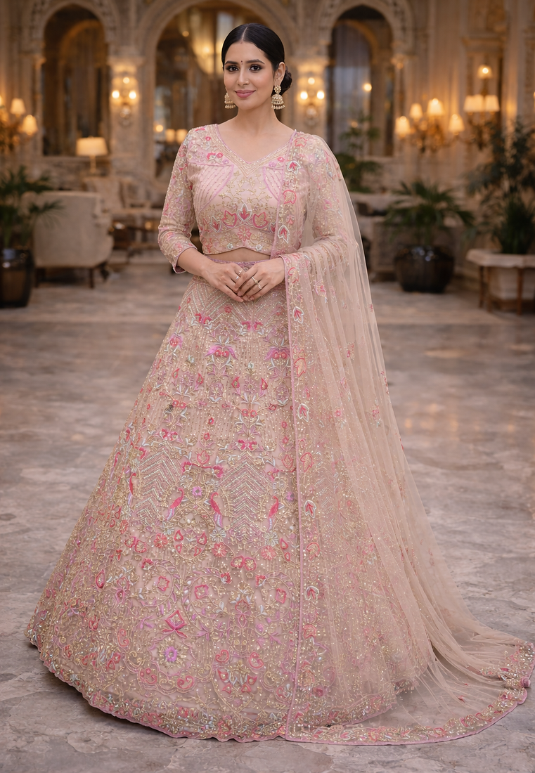 Light Pink Color Embroidery Sequins Work Butterfly Net Lehenga Choli Dupatta Set