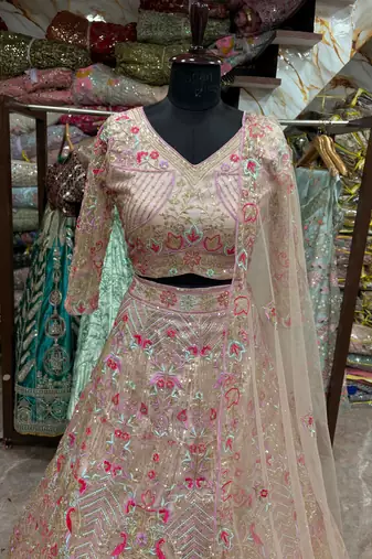 Light Pink Color Embroidery Sequins Work Butterfly Net Lehenga Choli Dupatta Set