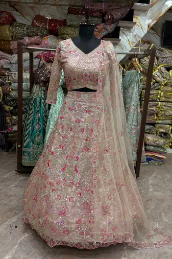 Light Pink Color Embroidery Sequins Work Butterfly Net Lehenga Choli Dupatta Set