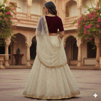 Ivory Lehenga with Maroon Velvet Blouse 2