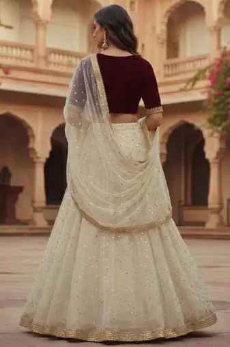 Ivory Lehenga with Maroon Velvet Blouse