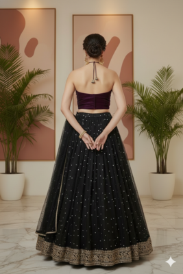 Black partywear Lehenga set with Halter Blouse and dupatta 2