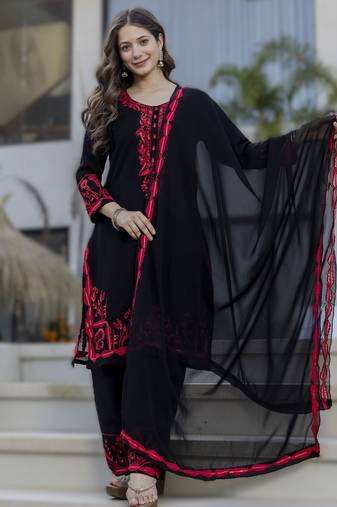 black stylish a-line georgette embroidered kurti set with dupatta