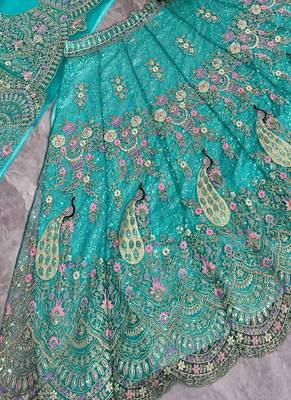 Aqua Blue Color Coding Sequins Work Butterfly Net Lehenga Choli Dupatta Set 2
