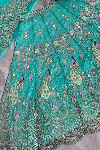 Aqua Blue Color Coding Sequins Work Butterfly Net Lehenga Choli Dupatta Set