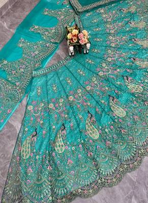 Aqua Blue Color Coding Sequins Work Butterfly Net Lehenga Choli Dupatta Set 3
