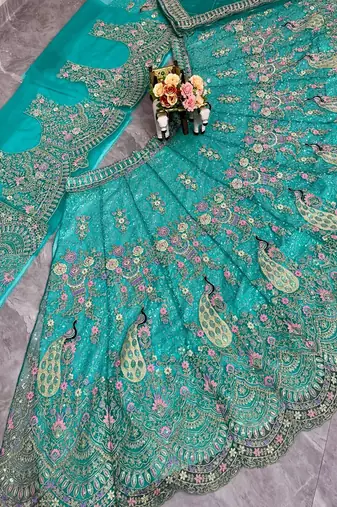 Aqua Blue Color Coding Sequins Work Butterfly Net Lehenga Choli Dupatta Set