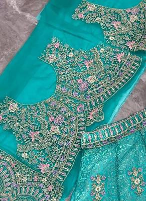 Aqua Blue Color Coding Sequins Work Butterfly Net Lehenga Choli Dupatta Set 4