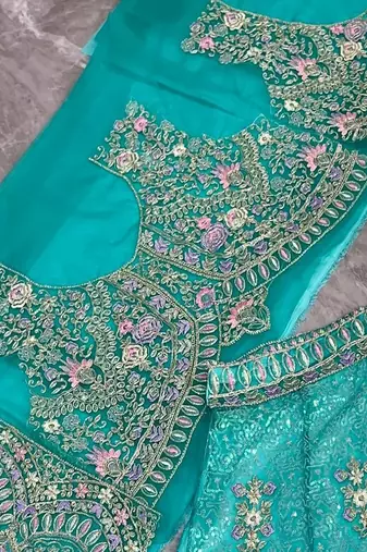 Aqua Blue Color Coding Sequins Work Butterfly Net Lehenga Choli Dupatta Set