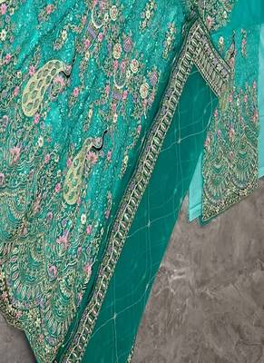 Aqua Blue Color Coding Sequins Work Butterfly Net Lehenga Choli Dupatta Set 5