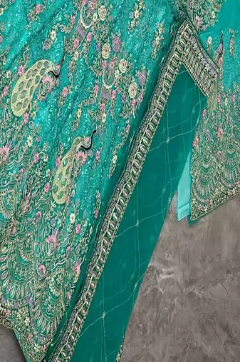 Aqua Blue Color Coding Sequins Work Butterfly Net Lehenga Choli Dupatta Set
