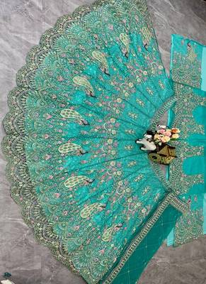 Aqua Blue Color Coding Sequins Work Butterfly Net Lehenga Choli Dupatta Set 1
