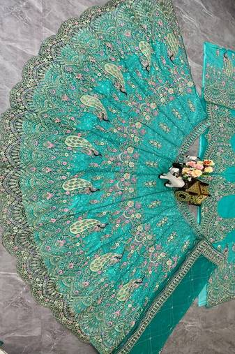 Aqua Blue Color Coding Sequins Work Butterfly Net Lehenga Choli Dupatta Set