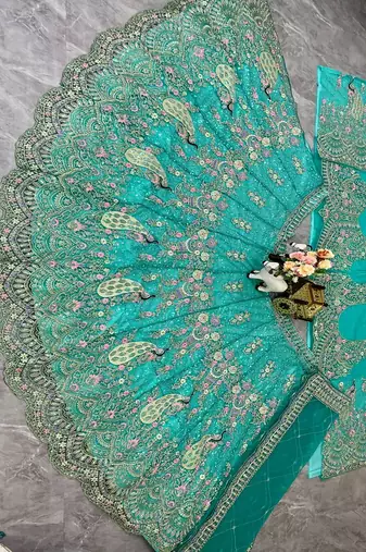 Aqua Blue Color Coding Sequins Work Butterfly Net Lehenga Choli Dupatta Set
