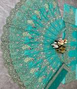 Aqua Blue Color Coding Sequins Work Butterfly Net Lehenga Choli Dupatta Set
