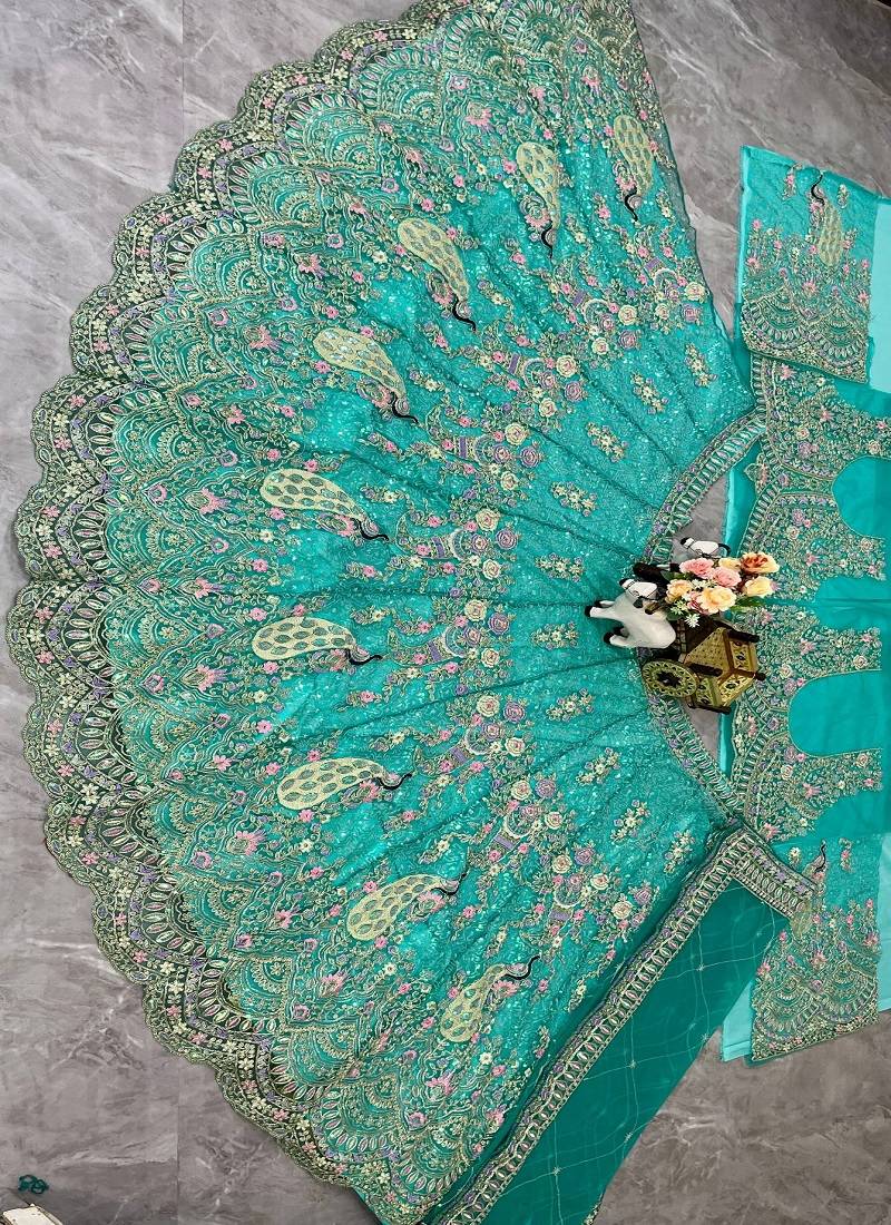 Aqua Blue Color Coding Sequins Work Butterfly Net Lehenga Choli Dupatta Set