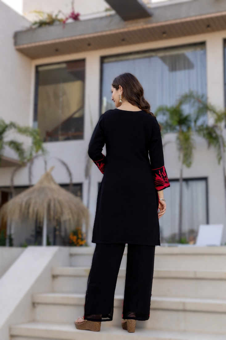 black stylish a-line georgette embroidered kurti set with dupatta