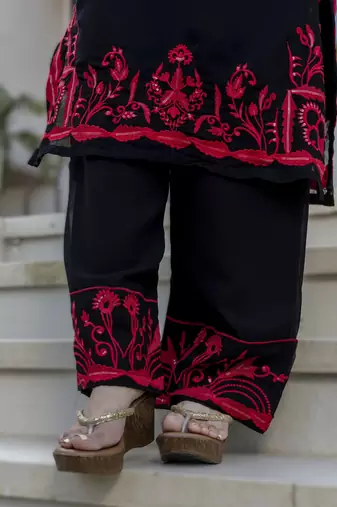 blacka-line georgette embroidered kurti set with dupatta