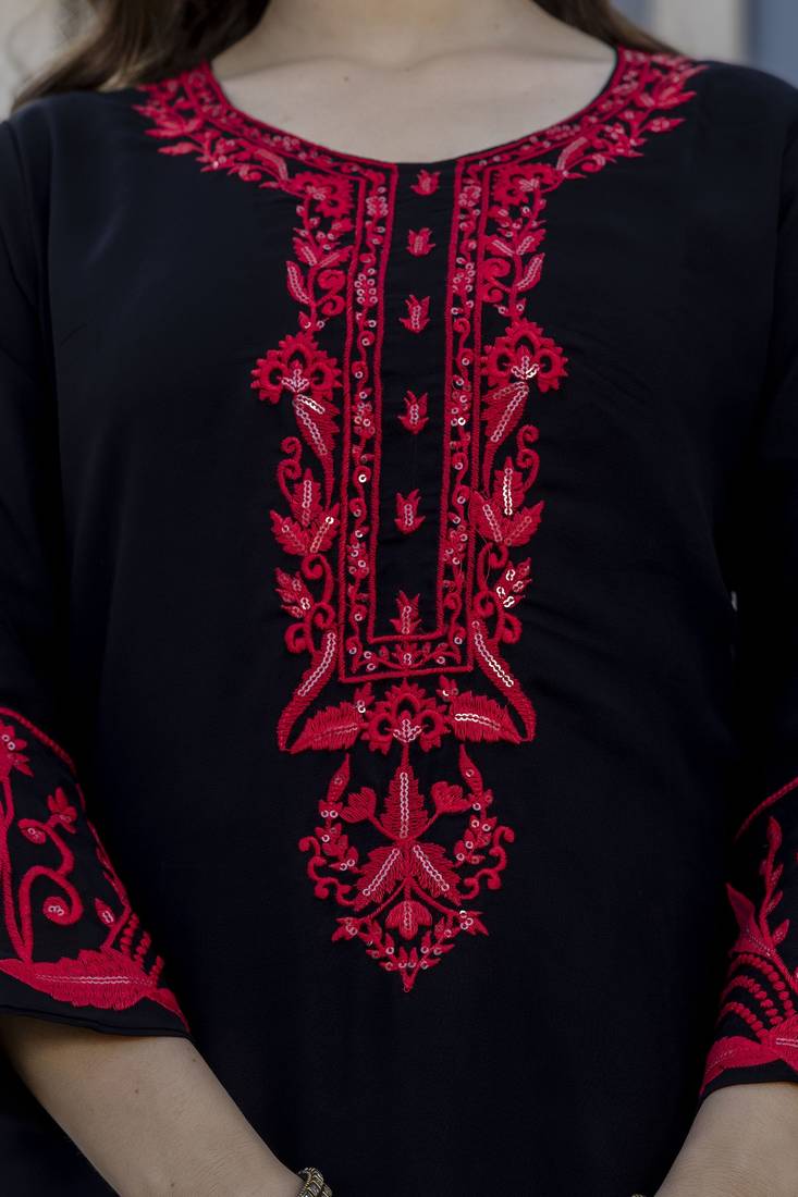 black stylish a-line georgette embroidered kurti set with dupatta