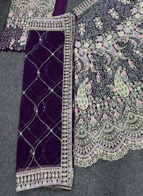 Dark Purple Color Coding Sequins Work Butterfly Net Lehenga Choli Dupatta Set 3