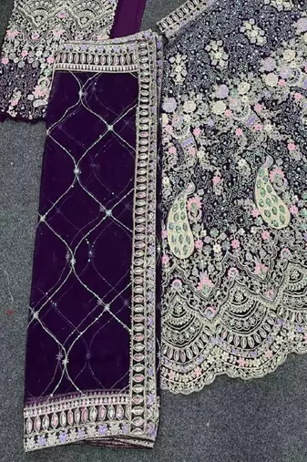 Dark Purple Color Coding Sequins Work Butterfly Net Lehenga Choli Dupatta Set
