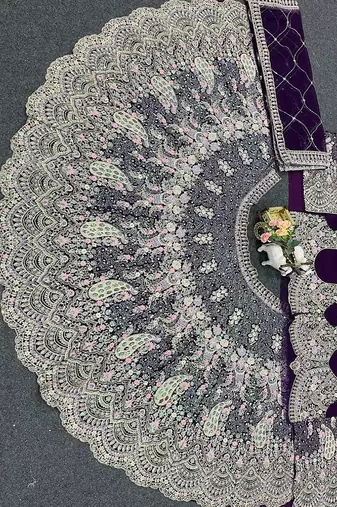 Dark Purple Color Coding Sequins Work Butterfly Net Lehenga Choli Dupatta Set