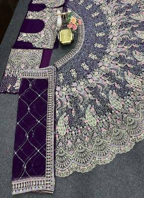 Dark Purple Color Coding Sequins Work Butterfly Net Lehenga Choli Dupatta Set 1