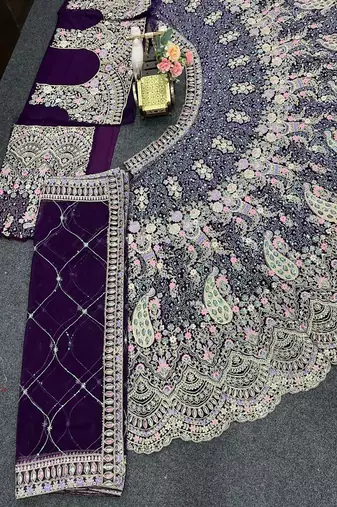 Dark Purple Color Coding Sequins Work Butterfly Net Lehenga Choli Dupatta Set