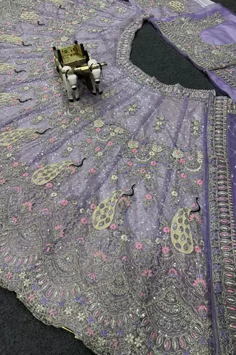 Lavender Color Coding Sequins Work Butterfly Net Lehenga Choli Dupatta Set