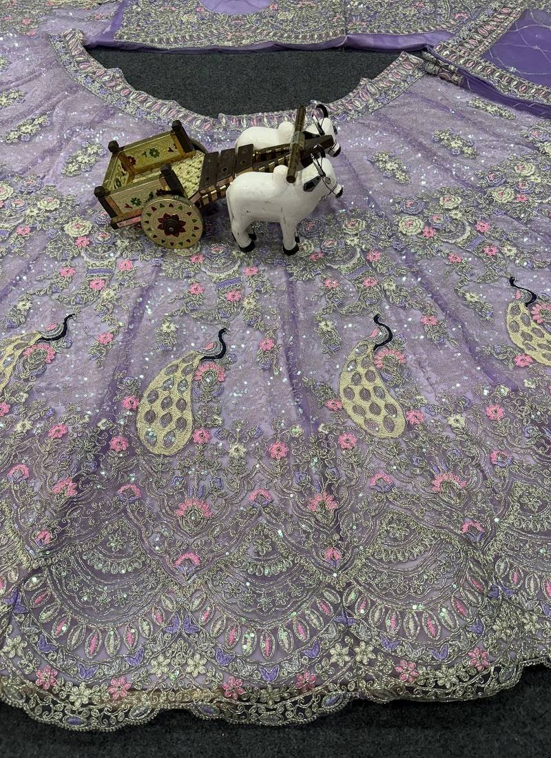Lavender Color Coding Sequins Work Butterfly Net Lehenga Choli Dupatta Set