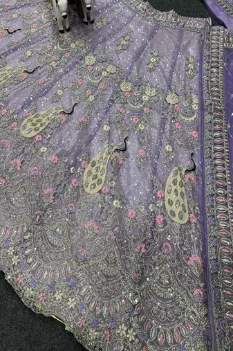 Lavender Color Coding Sequins Work Butterfly Net Lehenga Choli Dupatta Set