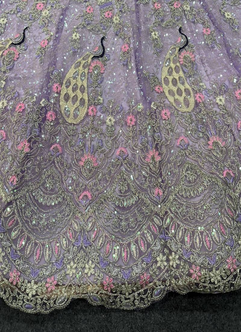 Lavender Color Coding Sequins Work Butterfly Net Lehenga Choli Dupatta Set