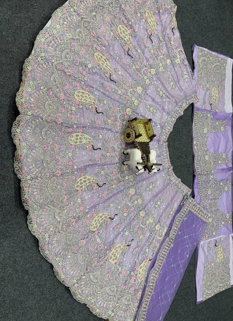 Lavender Color Coding Sequins Work Butterfly Net Lehenga Choli Dupatta Set