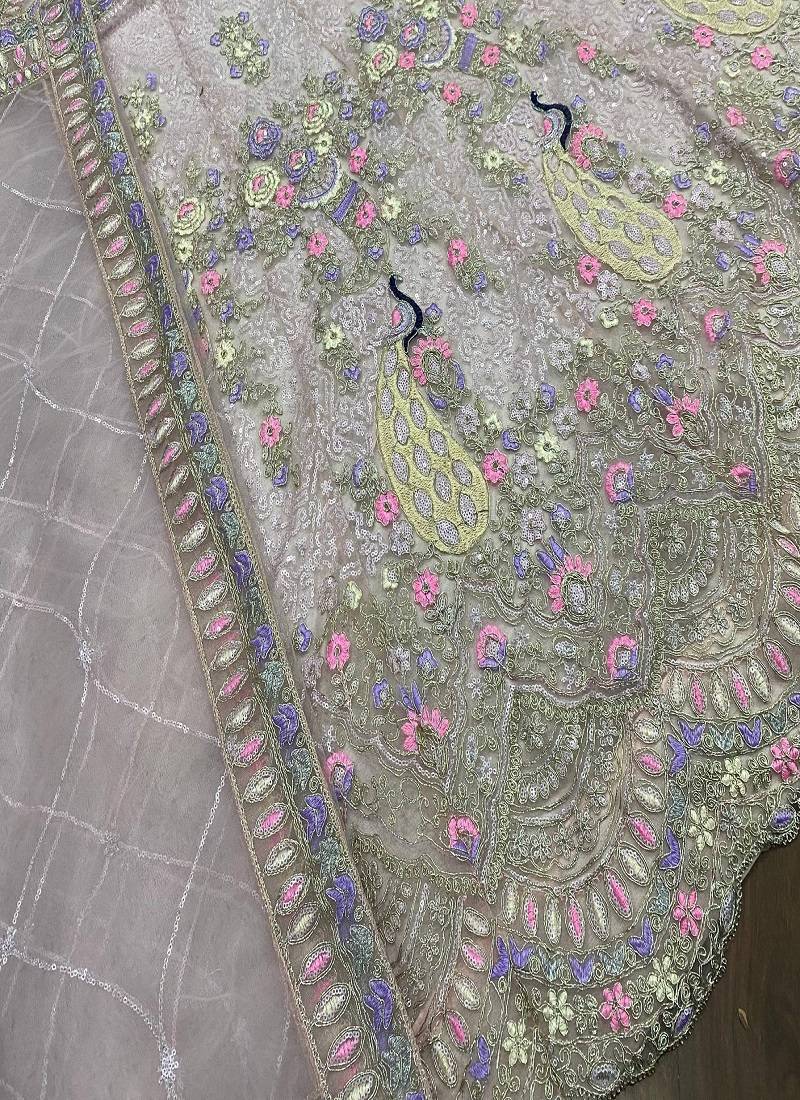 Light Pink Color Coding Sequins Work Butterfly Net Lehenga Choli Dupatta Set