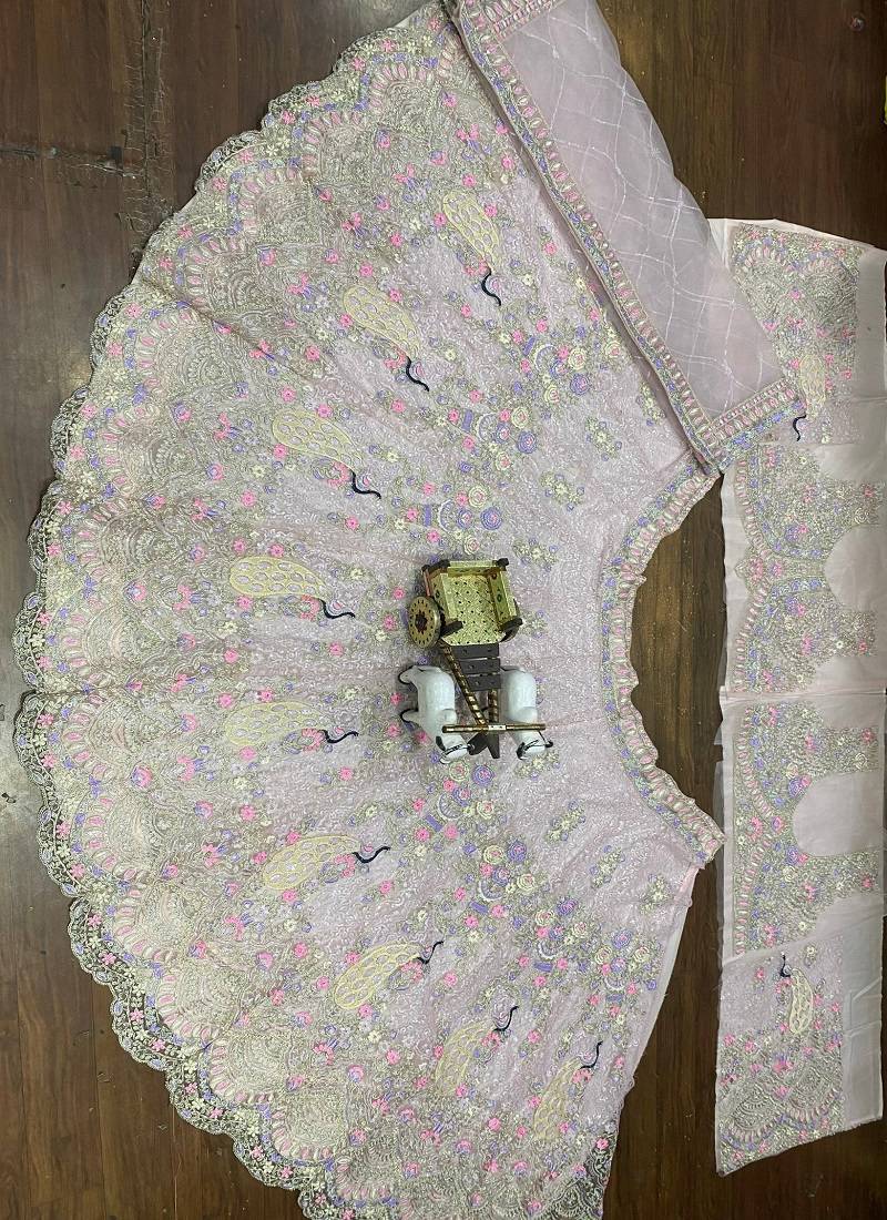Light Pink Color Coding Sequins Work Butterfly Net Lehenga Choli Dupatta Set