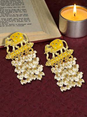 Gold plated meenakari yellow elephant tassel earrings 1