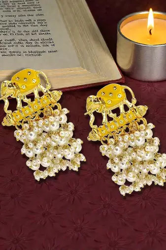 Gold plated meenakari yellow elephant tassel earrings