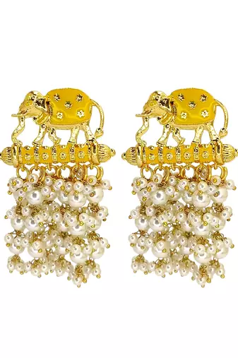 Gold plated meenakari yellow elephant tassel earrings